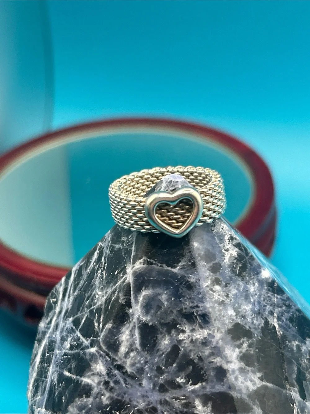 Tiffany & Co. 925 Vintage Mesh Ring W/Heart Sz  6.75 -7 Somerset Collection